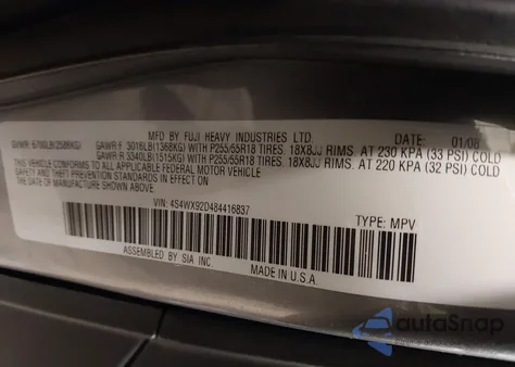 2008 Subaru Tribeca Limited 5-Passenger z USA, uszkodzony, nr VIN 4S4WX92D484416837